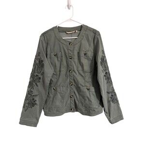 Soft Surroundings Wom MEDIUM Green Embroidered Floral Lightweight Utility Jacket